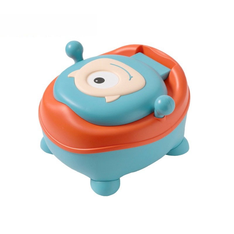 Olita pentru copii, +6 luni, compartiment detasabil, cu capac, antiderapanta, din plastic, colac moale, model animat ciclop, cu maner, 33 x 21 x 45 cm, albastru/portocaliu [4]