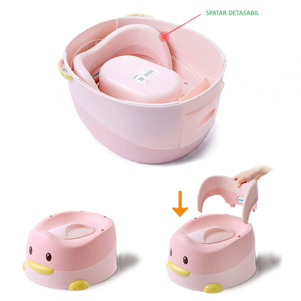 Olita pentru copii, +6 luni, detasabila, cu capac, antiderapanta, din plastic, colac moale, model ratusca, 38x32x30 cm. roz [5]