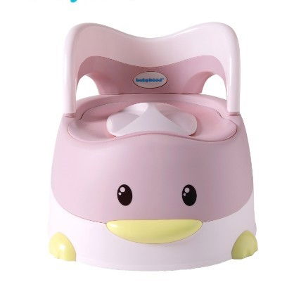 Olita pentru copii, +6 luni, detasabila, cu capac, antiderapanta, din plastic, colac moale, model ratusca, 38x32x30 cm. roz [4]