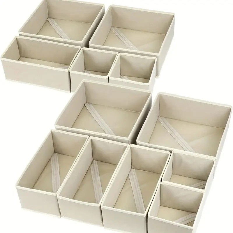 Organizator pentru sertar, 3 marimi, pentru lenjerie, tricouri, sosete, 6 piese, pliabil, stivuibil, din tesatura, alb [5]