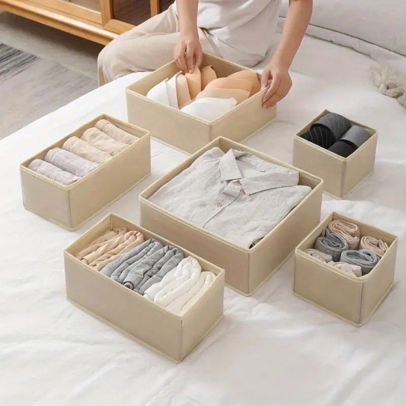 Organizator pentru sertar, 3 marimi, pentru lenjerie, tricouri, sosete, 6 piese, pliabil, stivuibil, din tesatura, alb [4]