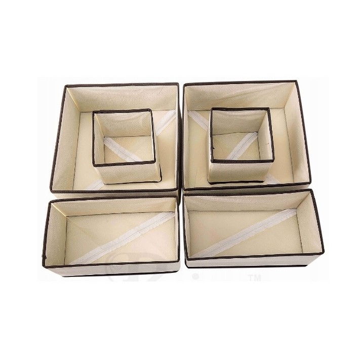 Organizator pentru sertar, 3 marimi, pentru lenjerie, tricouri, sosete, 6 piese, pliabil, stivuibil, din tesatura, alb/maro [1]