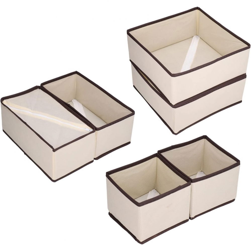 Organizator pentru sertar, 3 marimi, pentru lenjerie, tricouri, sosete, 6 piese, pliabil, stivuibil, din tesatura, alb/maro [2]