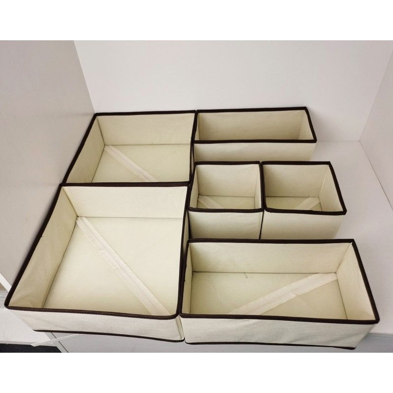 Organizator pentru sertar, 3 marimi, pentru lenjerie, tricouri, sosete, 6 piese, pliabil, stivuibil, din tesatura, alb/maro [3]