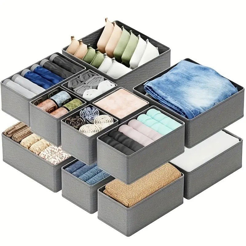 Organizator pentru sertar, 3 marimi, pentru lenjerie, tricouri, sosete, 6 piese, pliabil, stivuibil, din tesatura, gri [4]