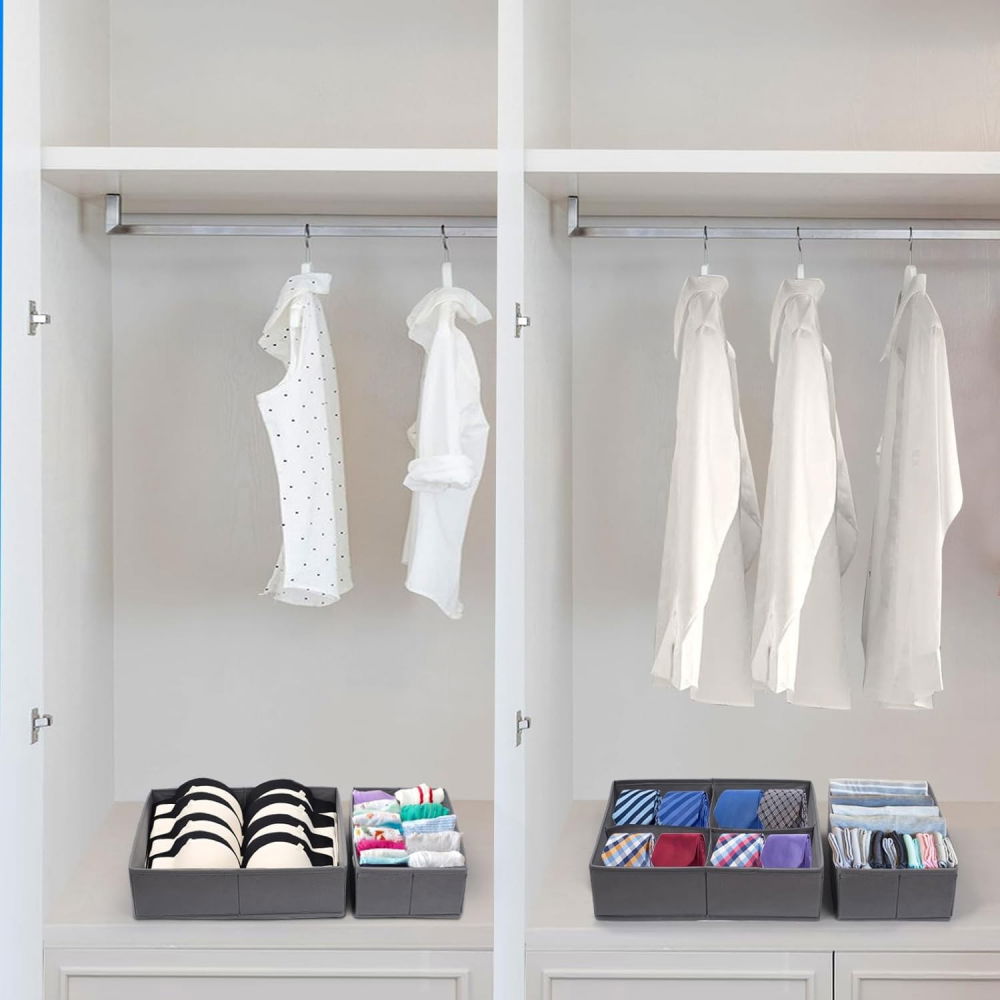 Organizator pentru sertar, 3 marimi, pentru lenjerie, tricouri, sosete, 6 piese, pliabil, stivuibil, din tesatura, gri [3]