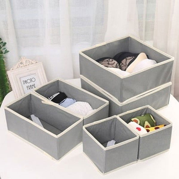 Organizator pentru sertar, 3 marimi, pentru lenjerie, tricouri, sosete, 6 piese, pliabil, stivuibil, din tesatura, gri/alb [2]