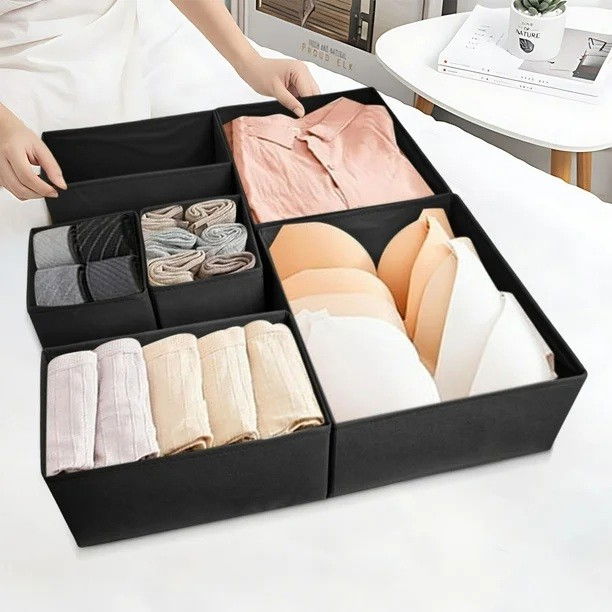 Organizator pentru sertar, 3 marimi, pentru lenjerie, tricouri, sosete, 6 piese, pliabil, stivuibil, din tesatura, negru [2]