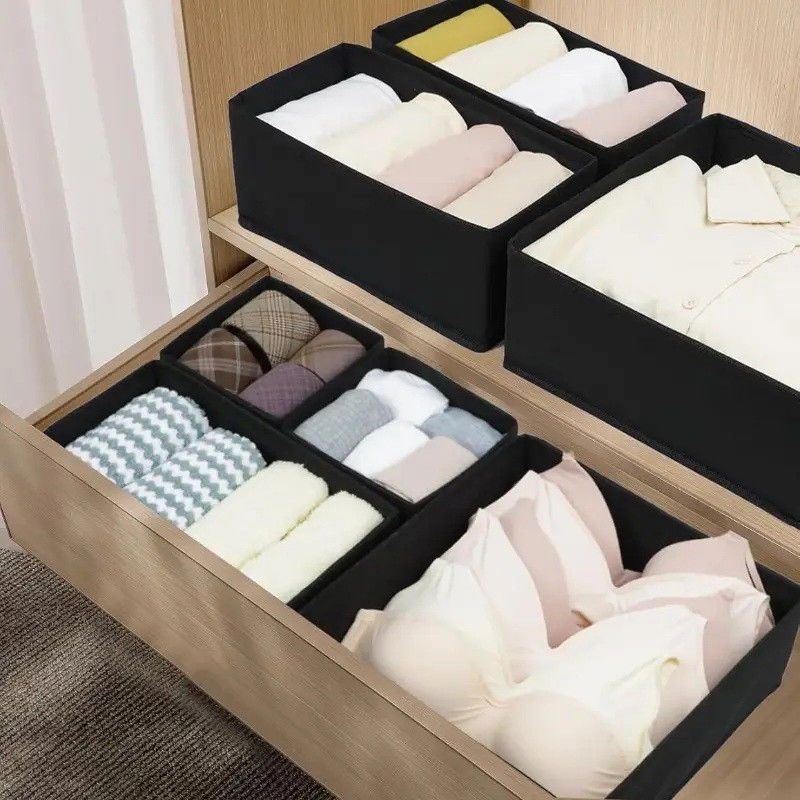 Organizator pentru sertar, 3 marimi, pentru lenjerie, tricouri, sosete, 6 piese, pliabil, stivuibil, din tesatura, negru [5]