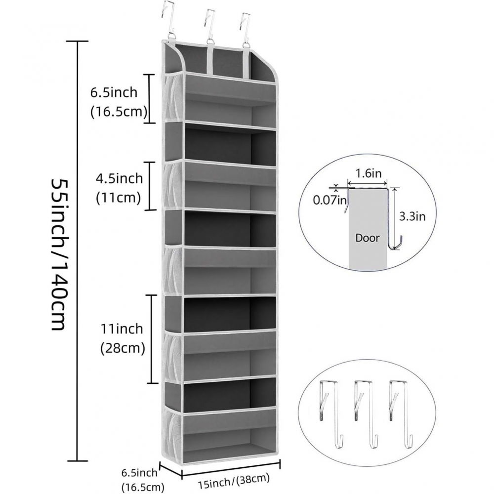 Organizator suspendat pentru usi, din nailon si plasa, baza de carton ingrosat, 5 buzunare principale + 10 buzunare laterale, 140 x 39 x 17 cm, 3 carlige incluse, gri [3]