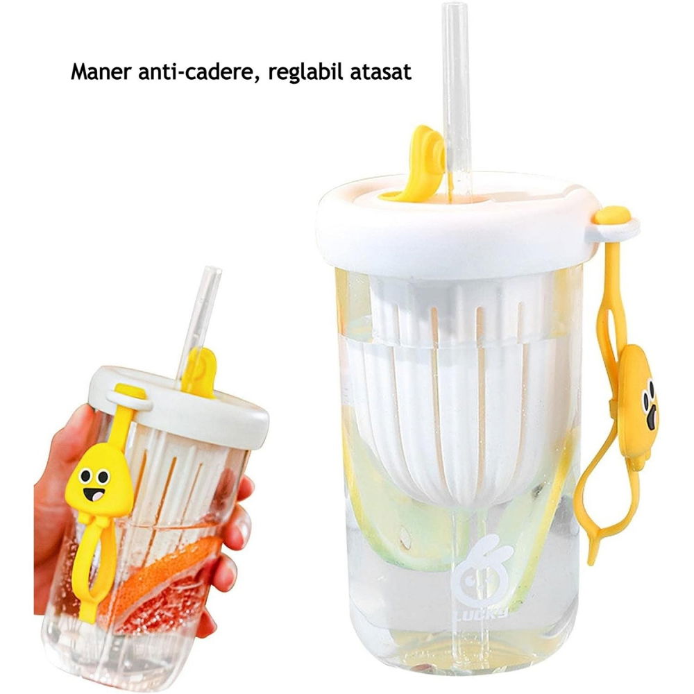 Pahar din silicon, cu capac si pai, pentru copii, anti-cadere, compartiment pentru fructe/ceai/gheata, rezistent la temperaturi inalte, 500ml, alb, 14.5x8.8x20 cm [7]