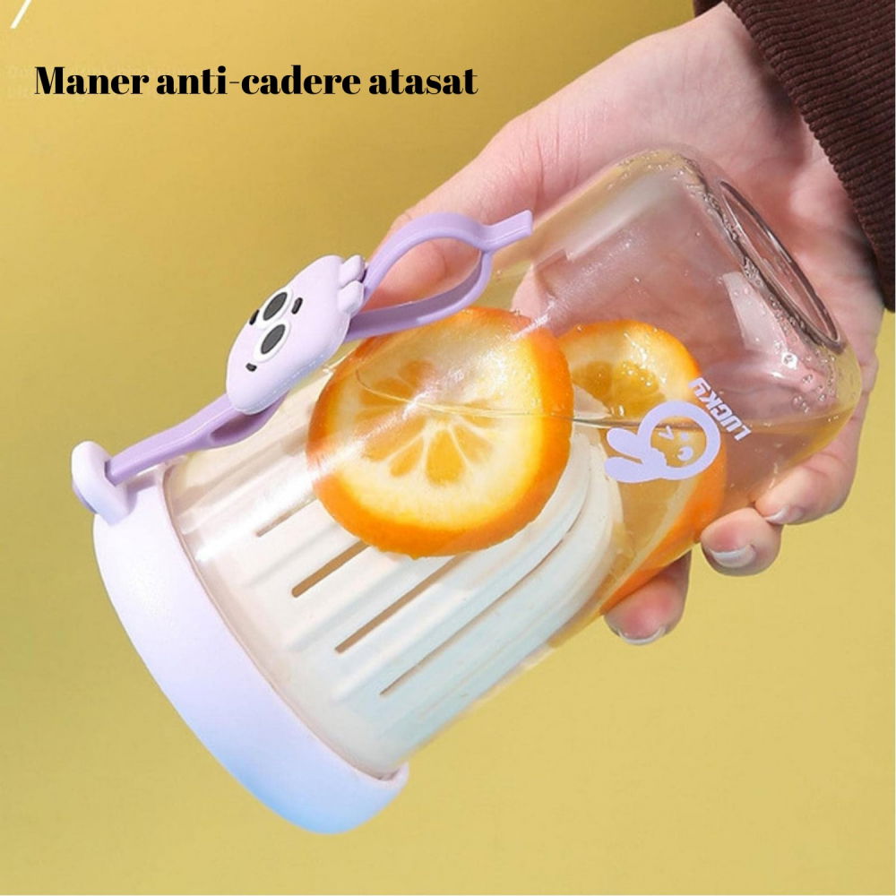 Pahar din silicon, cu capac si pai, pentru copii, anti-cadere, compartiment pentru fructe/ceai/gheata, rezistent la temperaturi inalte, 500ml, mov, 14.5x8.8x20 cm [3]