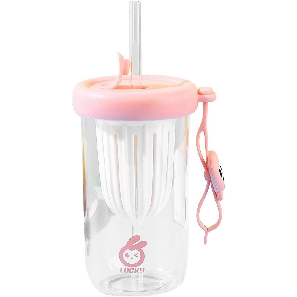 Pahar din silicon, cu capac si pai, pentru copii, anti-cadere, compartiment pentru fructe/ceai/gheata, rezistent la temperaturi inalte, 500ml, roz, 14.5x8.8x20 cm [1]