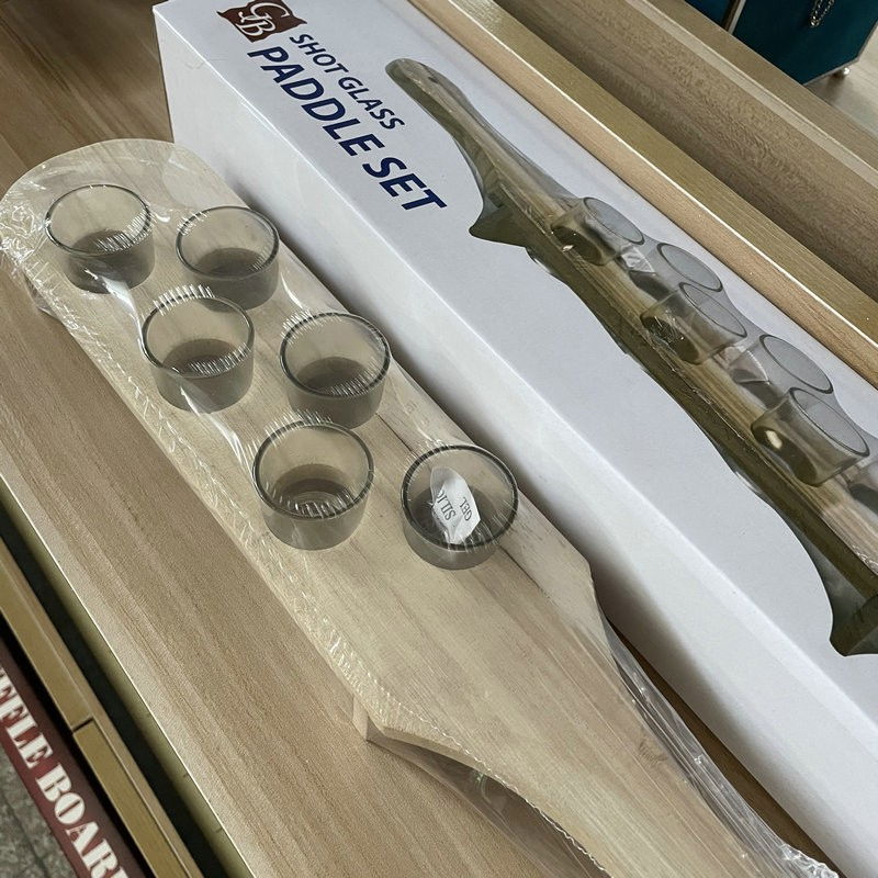 Pahare shot din sticla, set 6 pahare pentru shot cu suport din lemn, design rustic, 41 x 8.5 x 6 cm, model 2, maro [5]