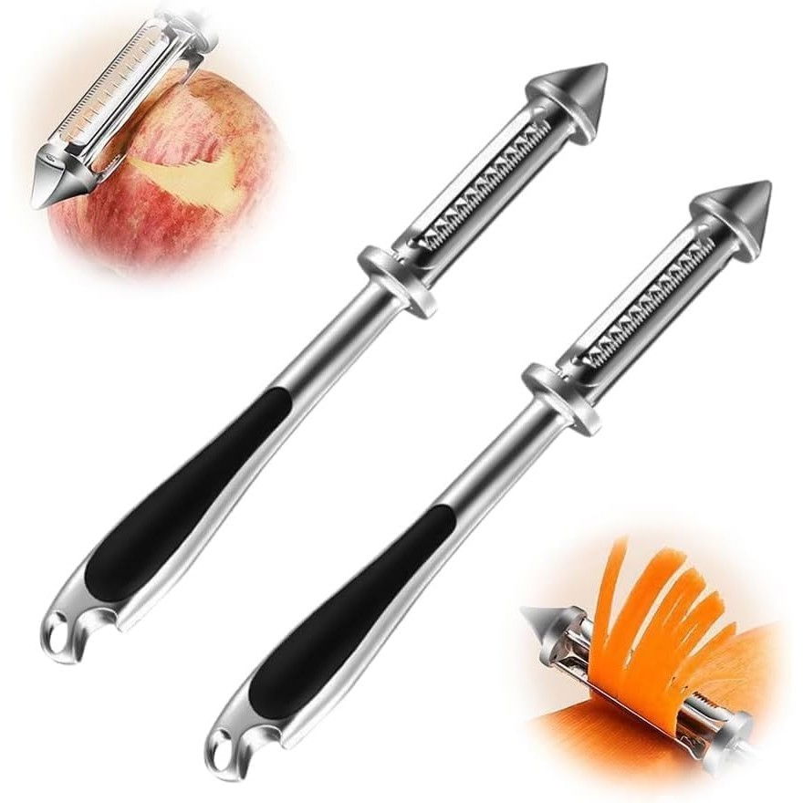 Peeler 2in1 pentru legume si fructe, multifunctional, cu 2 lame de curatati si feliat, varf ascutit pentru gaurit, 18 cm, din otel inoxidabil, argintiu/negru [5]