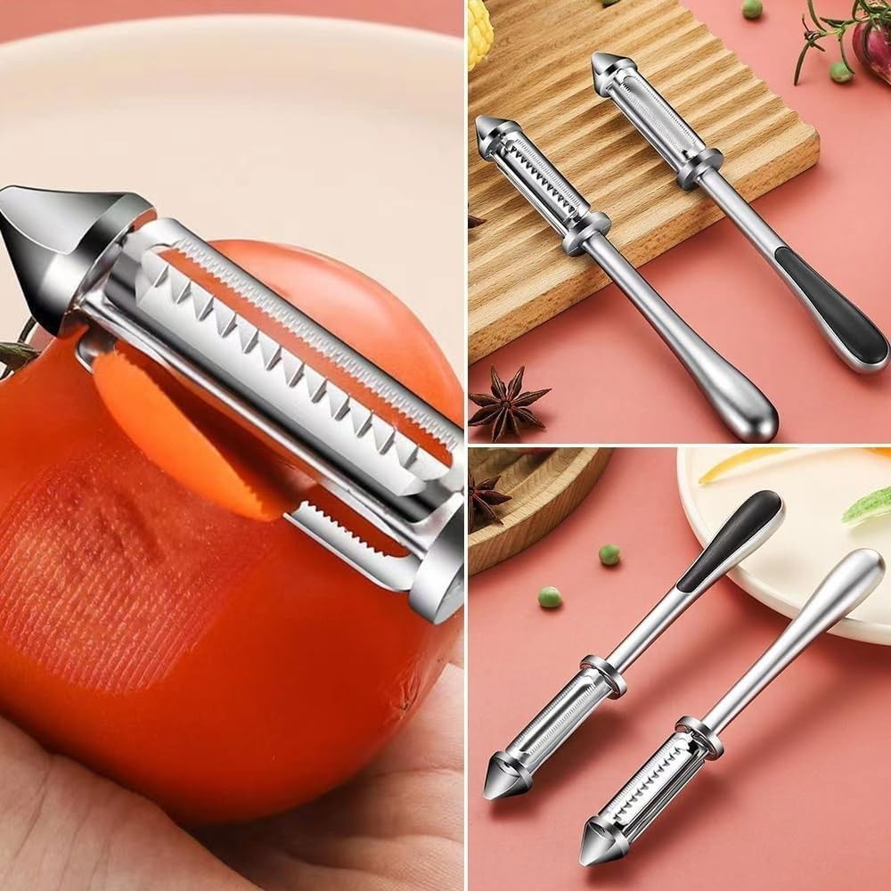 Peeler 2in1 pentru legume si fructe, multifunctional, cu 2 lame de curatati si feliat, varf ascutit pentru gaurit, 18 cm, din otel inoxidabil, argintiu/negru [4]