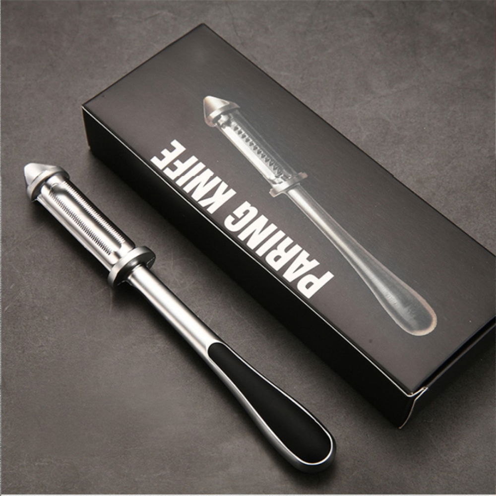 Peeler 2in1 pentru legume si fructe, multifunctional, cu 2 lame de curatati si feliat, varf ascutit pentru gaurit, 18 cm, din otel inoxidabil, argintiu/negru [10]