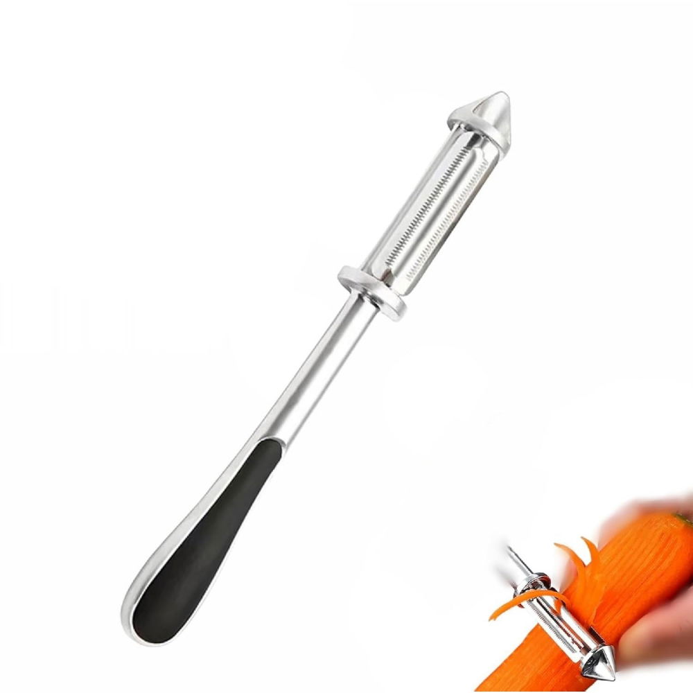 Peeler 2in1 pentru legume si fructe, multifunctional, cu 2 lame de curatati si feliat, varf ascutit pentru gaurit, 18 cm, din otel inoxidabil, argintiu/negru [8]