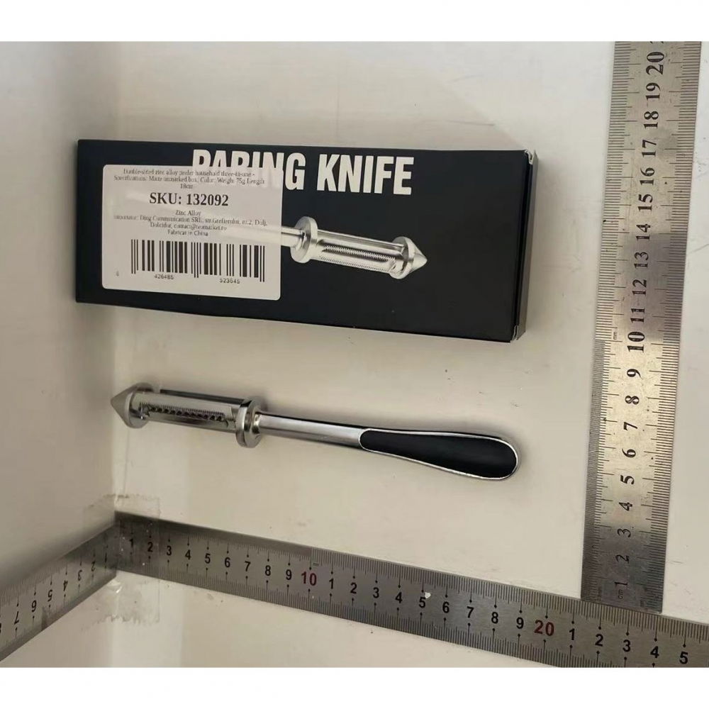 Peeler 2in1 pentru legume si fructe, multifunctional, cu 2 lame de curatati si feliat, varf ascutit pentru gaurit, 18 cm, din otel inoxidabil, argintiu/negru [2]