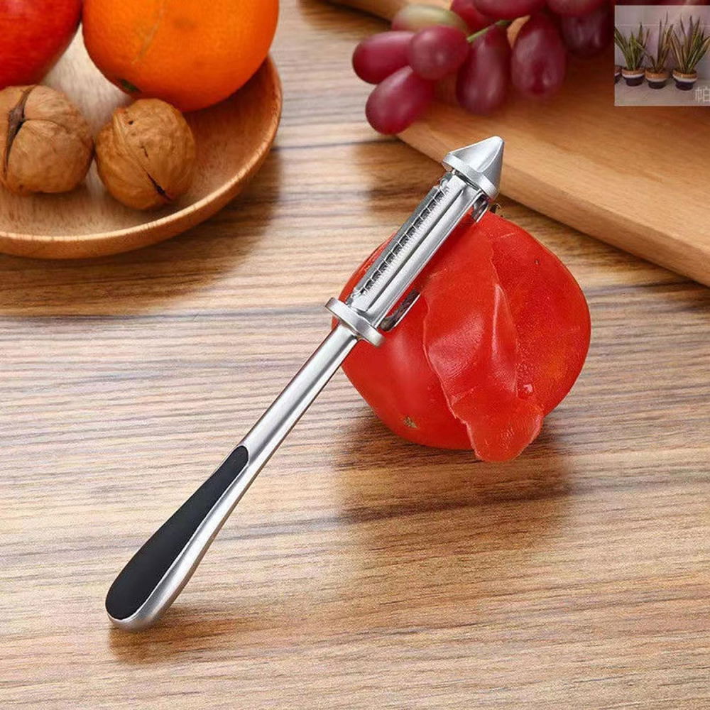 Peeler 2in1 pentru legume si fructe, multifunctional, cu 2 lame de curatati si feliat, varf ascutit pentru gaurit, 18 cm, din otel inoxidabil, argintiu/negru [6]