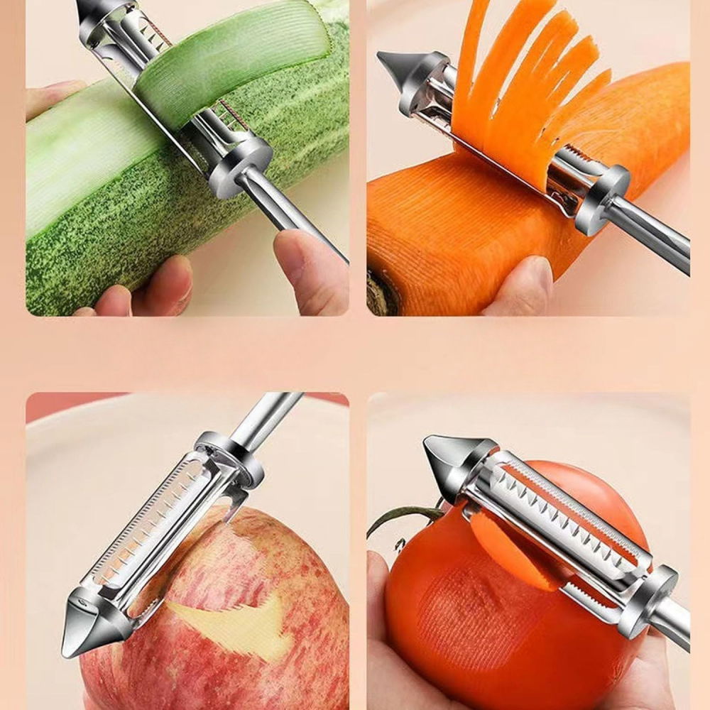 Peeler 2in1 pentru legume si fructe, multifunctional, cu 2 lame de curatati si feliat, varf ascutit pentru gaurit, 18 cm, din otel inoxidabil, argintiu/negru [3]