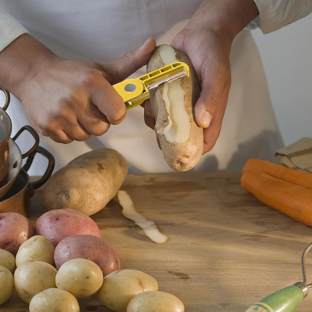 Peeler pentru legume si fructe, 3.6 x 9.1 cm, multifunctional, curatator pliabil, din abs si otel inoxidabil, galben [5]