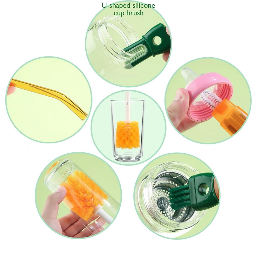 Perie 5 in 1 de curatat pahare, cani, sticle, cu maner lung, accesorii pentru spalarea paielor si capacelor, usor de agatat, 36x7x7cm, portocaliu-alb [3]