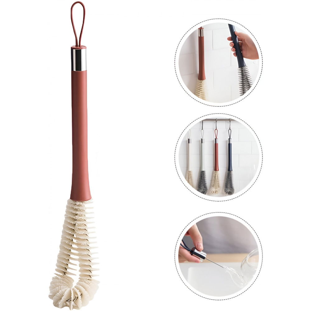 Perie de curatat pahare, sticle, biberoane, cu maner lung, uz casnic, silicon, ergonomic, 3.9x5.4x38.5cm, rosu [3]