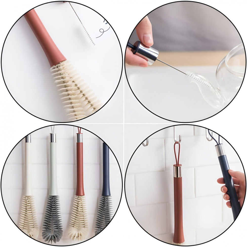 Perie de curatat pahare, sticle, biberoane, cu maner lung, uz casnic, silicon, ergonomic, 3.9x5.4x38.5cm, rosu [5]