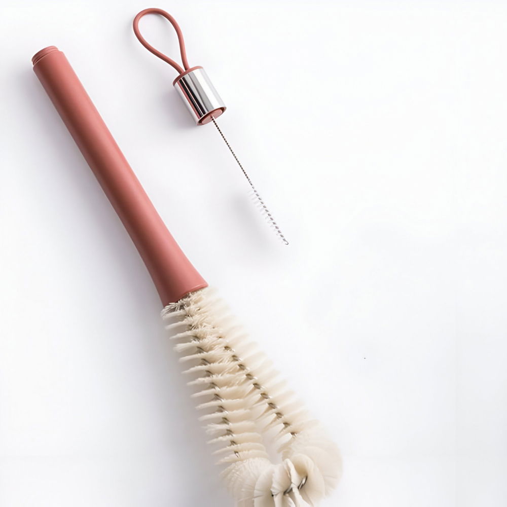Perie de curatat pahare, sticle, biberoane, cu maner lung, uz casnic, silicon, ergonomic, 3.9x5.4x38.5cm, rosu [4]