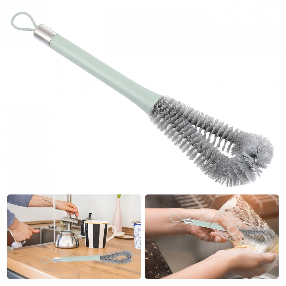 Perie de curatat pahare, sticle, biberoane, cu maner lung, uz casnic, silicon, ergonomic, 3.9x5.4x38.5cm, verde [7]