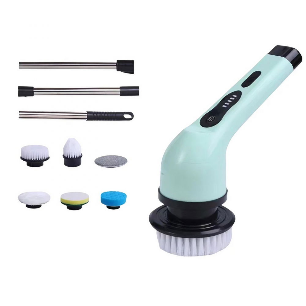 Perie electrica de curatare, pentru gresie, baie, bucatarie, 25x20x9.5 cm, cu 6 capete, maner extensibil detasabil 84-127cm, incarcare usb-type c, rotire 360 de grade, 3000 mah, culoare: verde [1]
