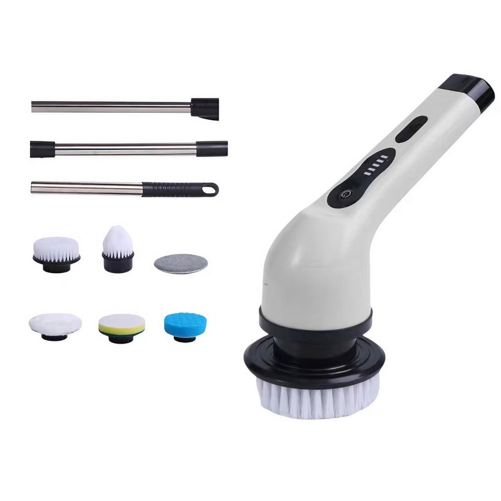 Perie electrica de curatare, pentru gresie, baie, bucatarie, 25x20x9.5 cm, cu 6 capete, maner extensibil detasabil 84-127cm, incarcare usb-type c, rotire 360 de grade, 3000 mah, culoare: alb [1]