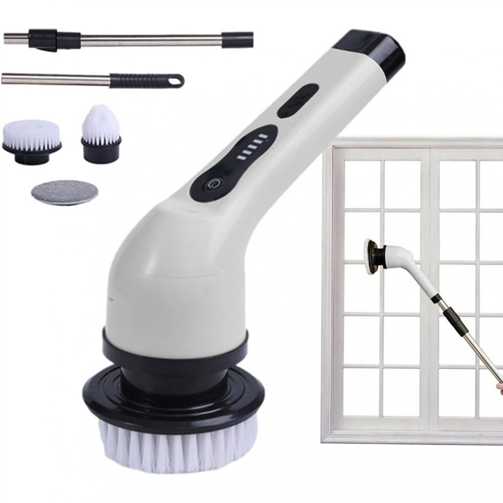 Perie electrica de curatare, pentru gresie, baie, bucatarie, 25x20x9.5 cm, cu 6 capete, maner extensibil detasabil 84-127cm, incarcare usb-type c, rotire 360 de grade, 3000 mah, culoare: alb [10]