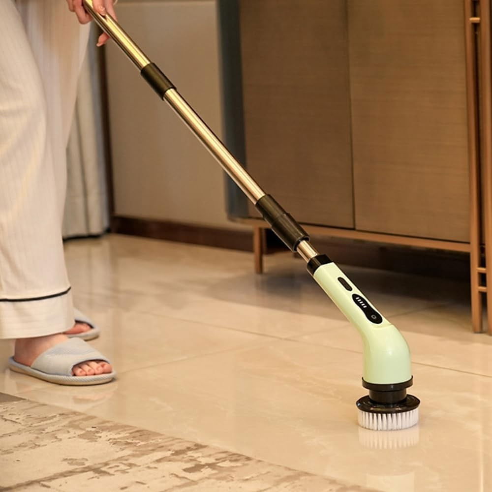 Perie electrica de curatare, pentru gresie, baie, bucatarie, 25x20x9.5 cm, cu 9 capete, maner extensibil detasabil 84-127cm, incarcare usb-type c, rotire 360 de grade, 3000 mah, culoare: verde [9]