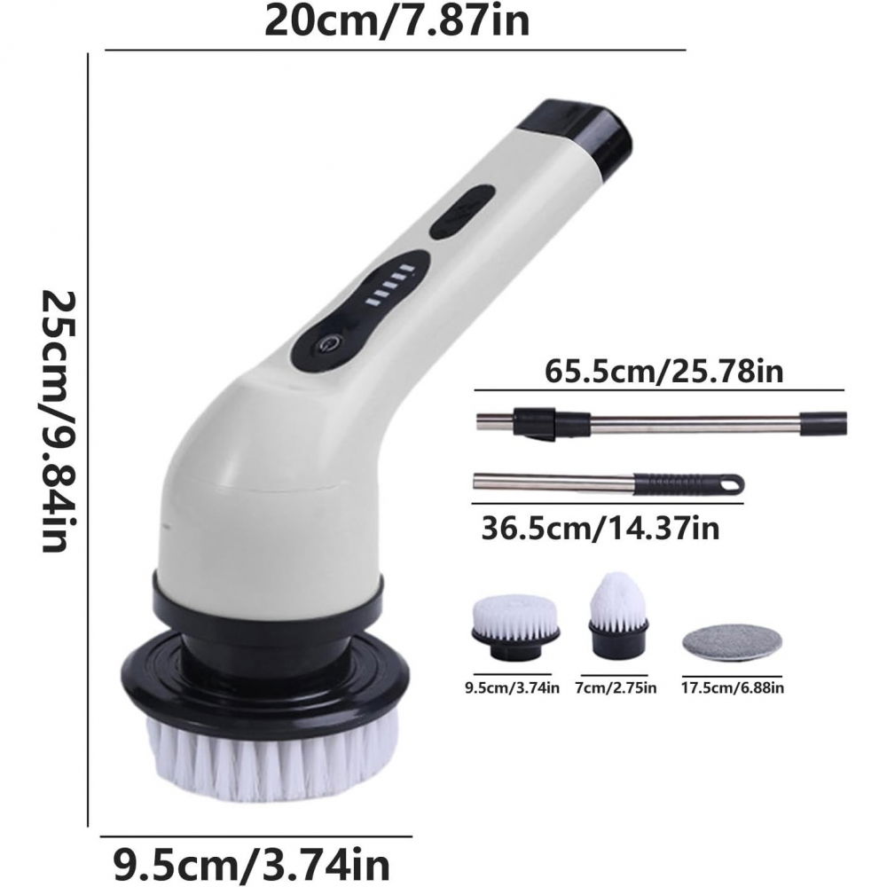 Perie electrica de curatare, pentru gresie, baie, bucatarie, 25x20x9.5 cm, cu 9 capete, maner extensibil detasabil 84-127cm, incarcare usb-type c, rotire 360 de grade, 3000 mah, culoare: alb [8]