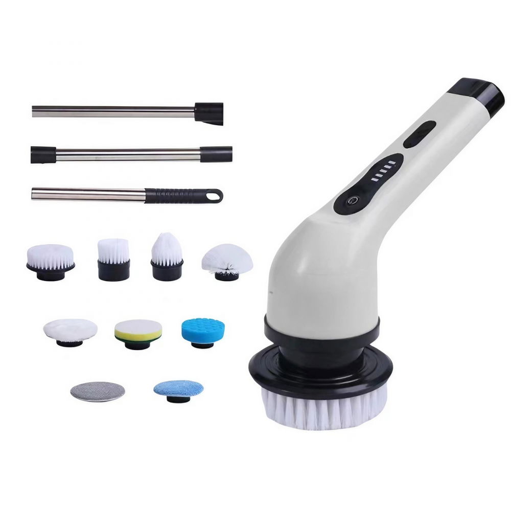 Perie electrica de curatare, pentru gresie, baie, bucatarie, 25x20x9.5 cm, cu 9 capete, maner extensibil detasabil 84-127cm, incarcare usb-type c, rotire 360 de grade, 3000 mah, culoare: alb [1]