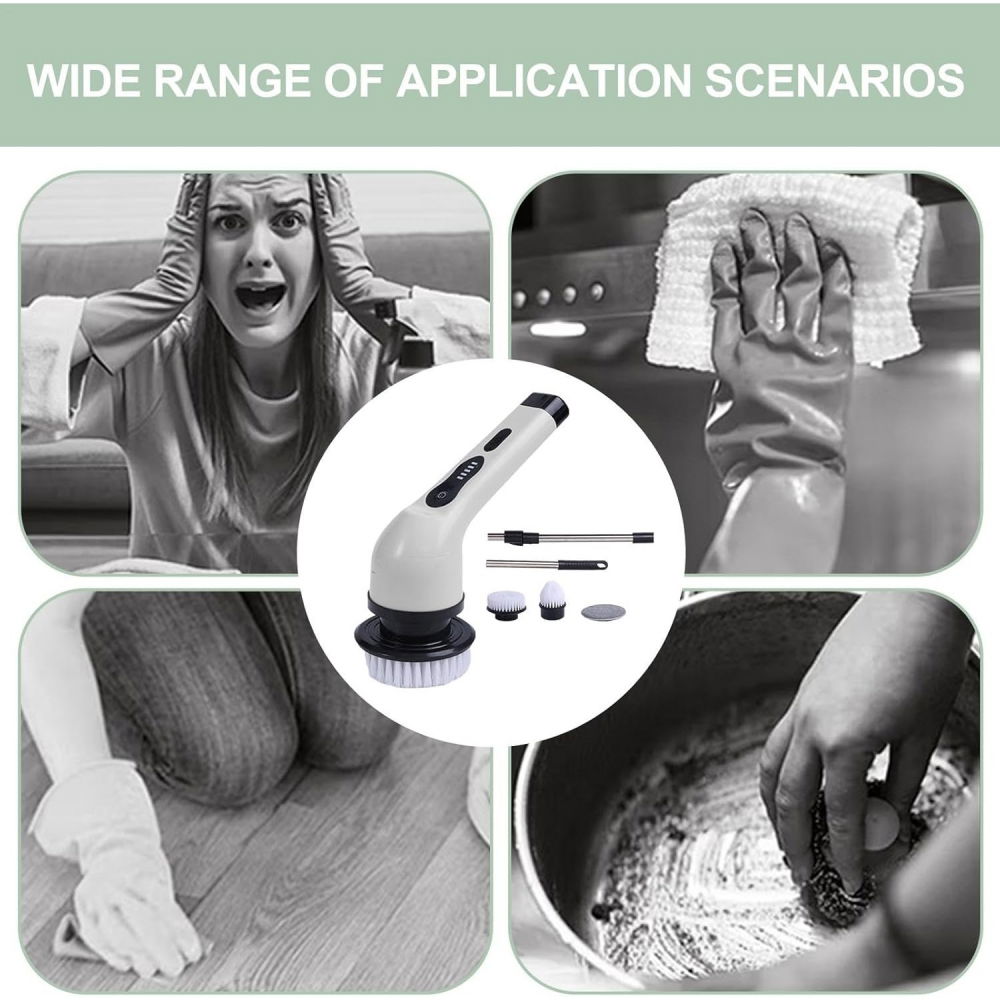 Perie electrica de curatare, pentru gresie, baie, bucatarie, 25x20x9.5 cm, cu 9 capete, maner extensibil detasabil 84-127cm, incarcare usb-type c, rotire 360 de grade, 3000 mah, culoare: alb [9]