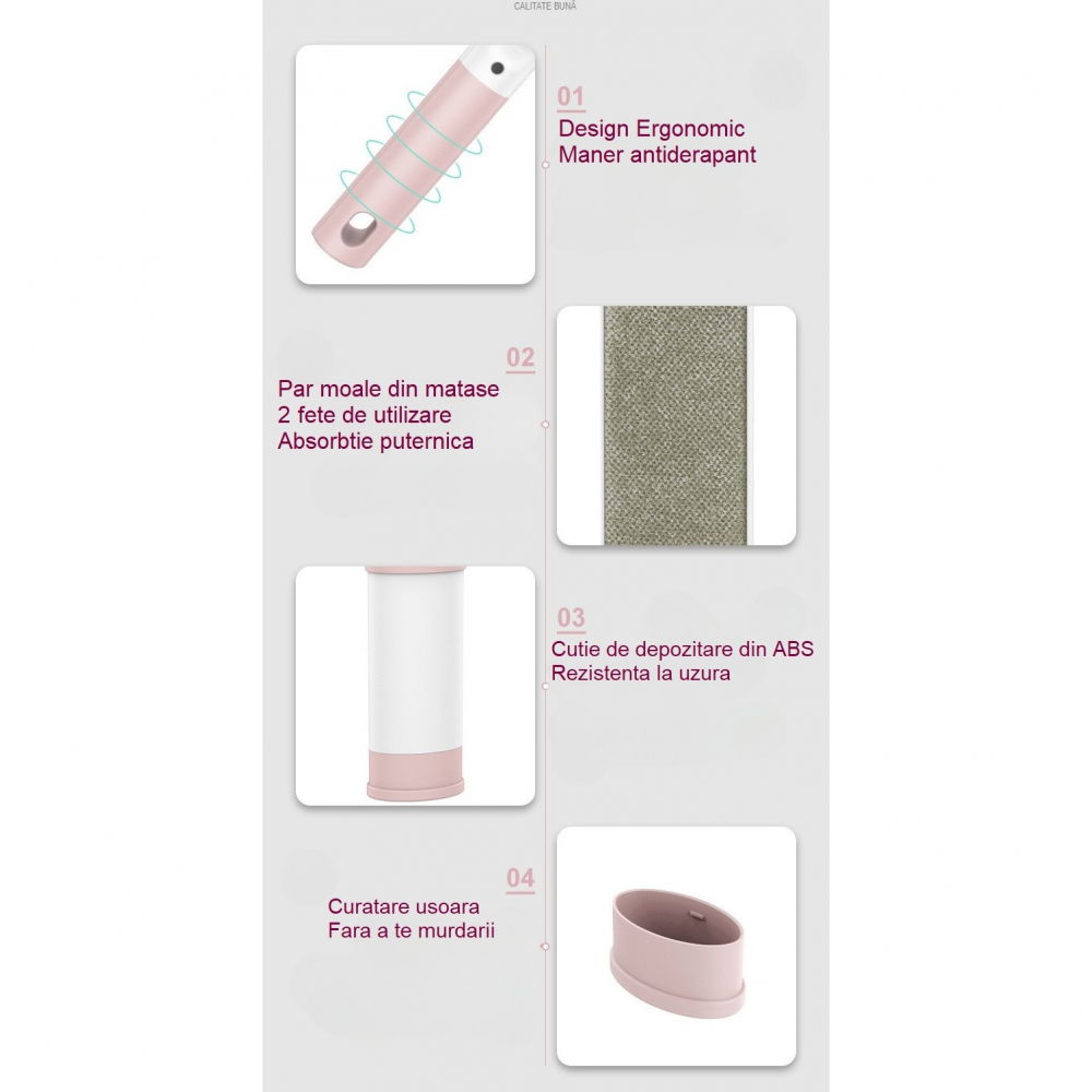 Perie electrostatica, pentru curatarea parului/scamelor de pe haine si tapiterii, 2 fete, autocuratare, 31 x 8.5 cm, roz [6]