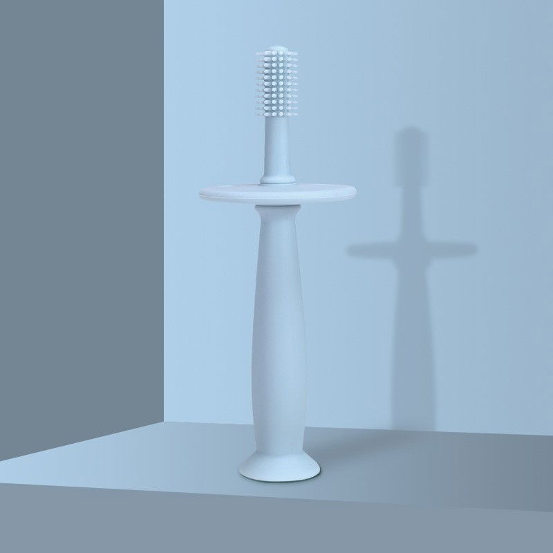 Periuta de dinti din silicon pentru bebelusi, fara bpa, 360 grade, bariera anti-inghitire, maner ergonomic, 12.5 x 15 cm, albastru [4]