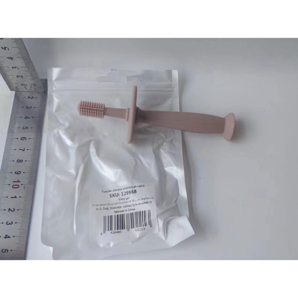 Periuta de dinti din silicon pentru bebelusi, fara bpa, 360 grade, bariera anti-inghitire, maner ergonomic, 12.5 x 15 cm, roz [6]