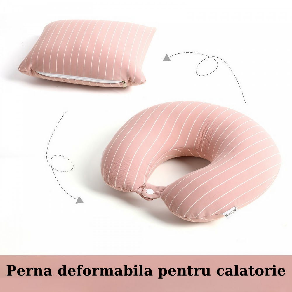Perna de calatorie , 2 in 1, cu particule de spuma cu memorie, roz [5]