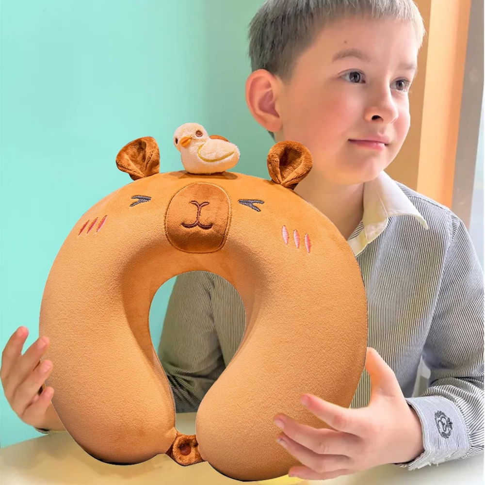 Perna de calatorie in forma de u, pentru gat si cap, umplutura din spuma cu memorie, 30x30 cm, model capybara, accesoriu de voiaj, birou, masina, sistem prindere capse, maro [5]