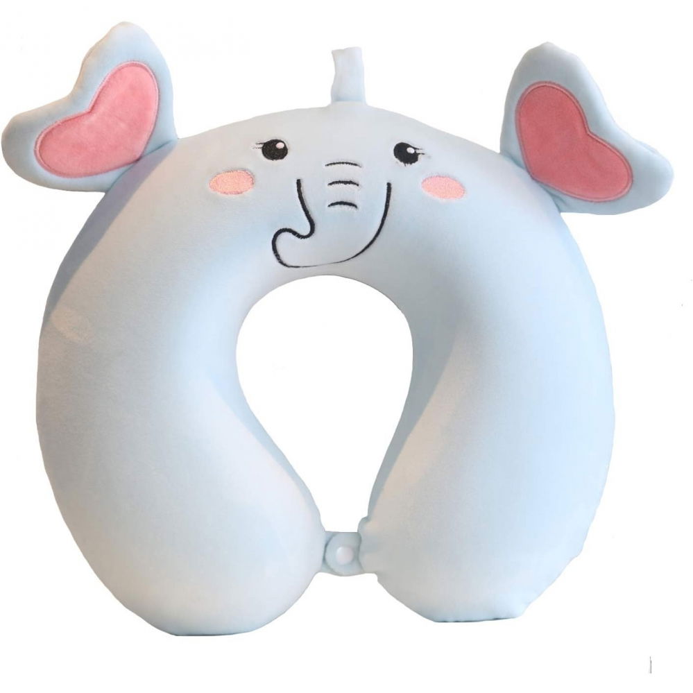 Perna de calatorie in forma de u, pentru gat si cap, umplutura din spuma cu memorie, 30x30 cm, model elefant, accesoriu de voiaj, birou, masina, sistem prindere capse, albastru [1]