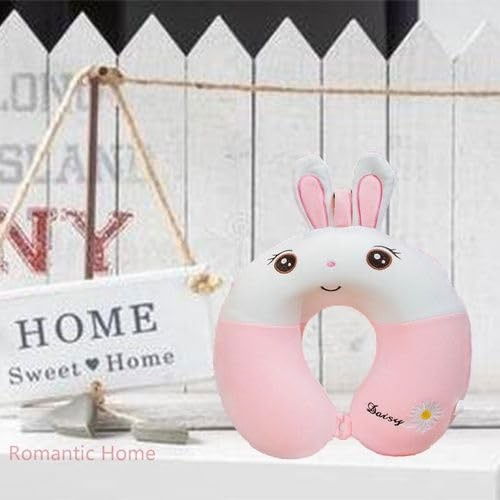 Perna de calatorie in forma de u, pentru gat si cap, umplutura din spuma cu memorie, 30x30 cm, model iepuras, accesoriu de voiaj, birou, masina, sistem prindere capse, roz-alb [3]
