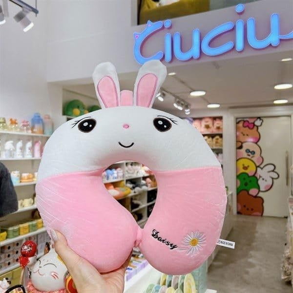 Perna de calatorie in forma de u, pentru gat si cap, umplutura din spuma cu memorie, 30x30 cm, model iepuras, accesoriu de voiaj, birou, masina, sistem prindere capse, roz-alb [4]