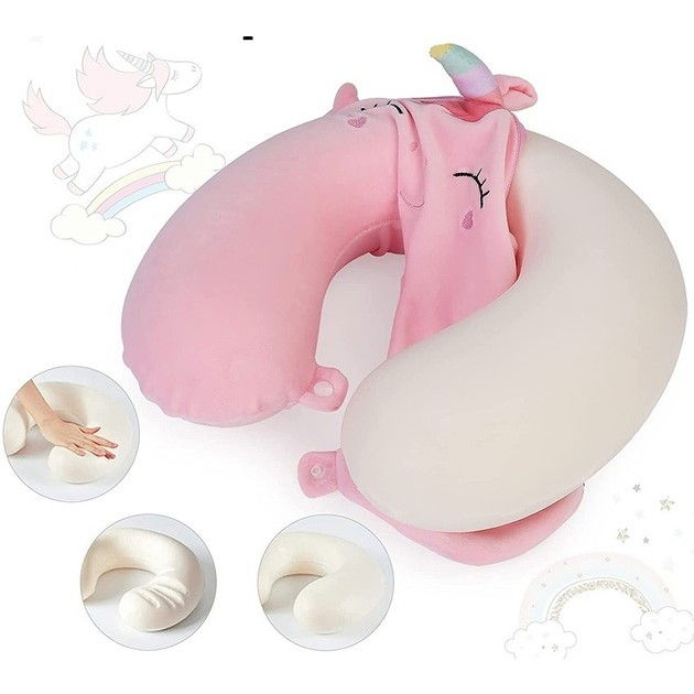 Perna de calatorie in forma de u, pentru gat si cap, umplutura din spuma cu memorie, 30x30 cm, model iepuras, accesoriu de voiaj, birou, masina, sistem prindere capse, roz [3]