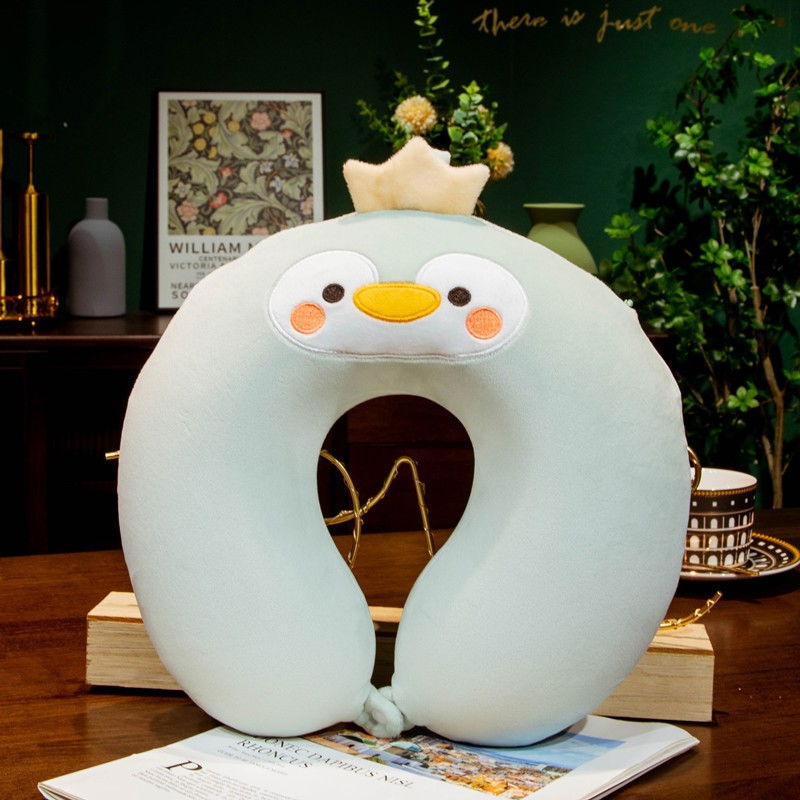 Perna de calatorie in forma de u, pentru gat si cap, umplutura din spuma cu memorie, 30x30 cm, model pinguin, accesoriu de voiaj, birou, masina, sistem prindere capse, verde [2]