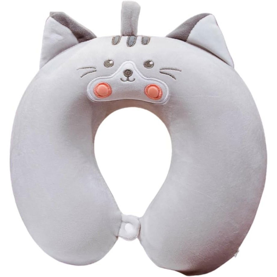 Perna de calatorie in forma de u, pentru gat si cap, umplutura din spuma cu memorie, 30x30 cm, model pisica, accesoriu de voiaj, birou, masina, sistem prindere capse, gri [1]