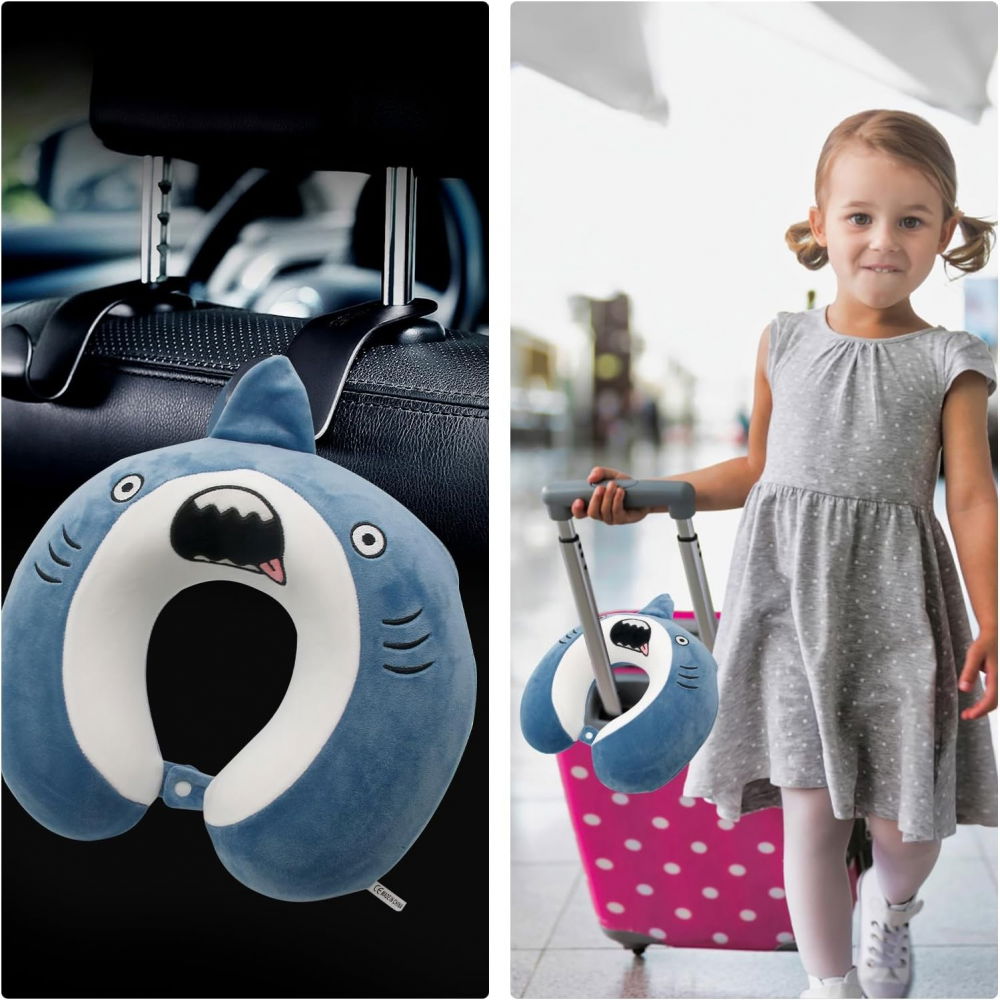 Perna de calatorie in forma de u, pentru gat si cap, umplutura din spuma cu memorie, 30x30 cm, model rechin, accesoriu de voiaj, birou, masina, sistem prindere capse, albastru [4]